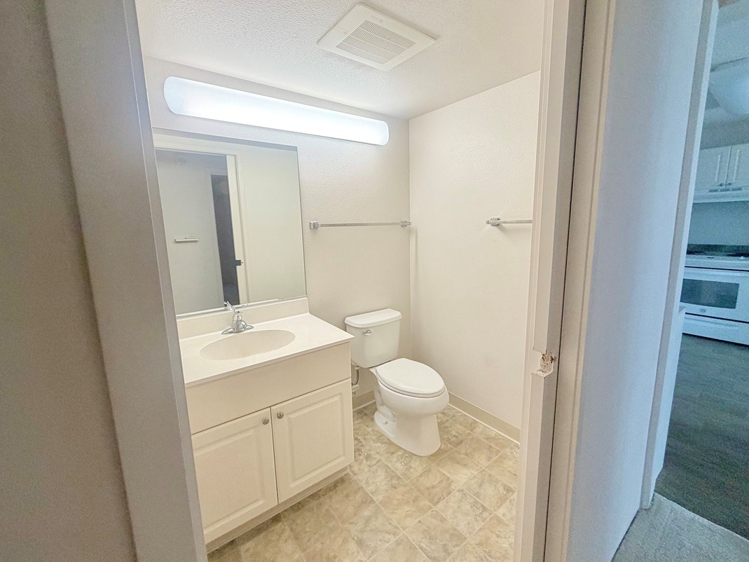 A bathroom with a toilet, sink, and mirror.